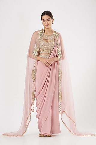 Blush Pink Crepe & Organza Pre-Stitched Saree Set by House of Erum