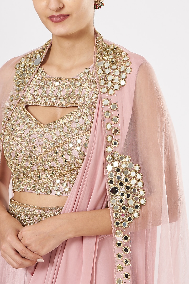 Blush Pink Crepe & Organza Pre-Stitched Party Wear Saree Set by House of Erum at Pernia's Pop Up Shop