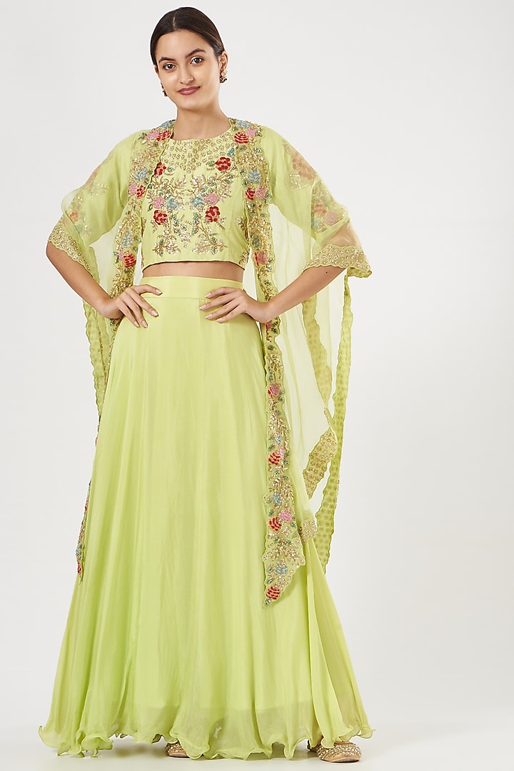 Mint Green Embroidered Cape Set by House of Erum