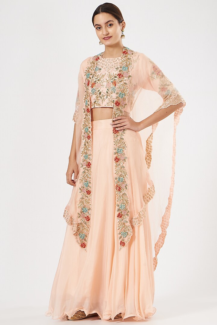 Peach Embroidered Cape Set by House of Erum