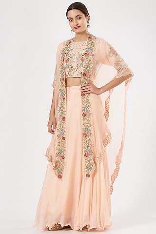 Peach Embroidered Cape Set by House of Erum