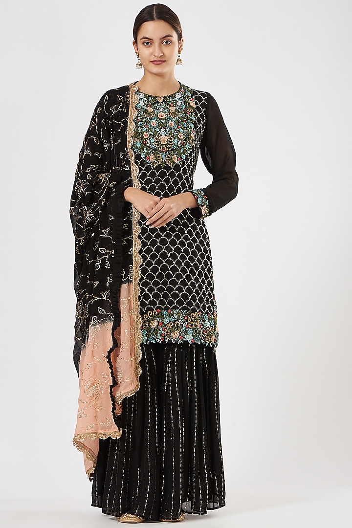 Black Georgette & Crepe Sharara Set by House of Erum at Pernia's Pop Up Shop