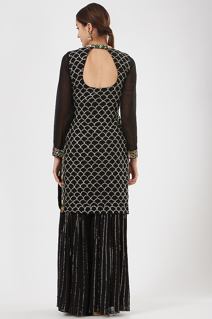 Black Georgette & Crepe Party Wear Sharara Set by House of Erum at Pernia's Pop Up Shop