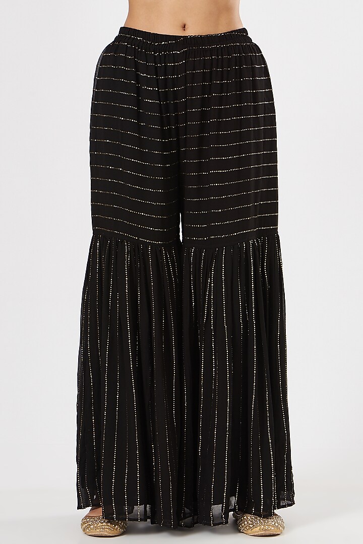 Black Georgette & Crepe Party Wear Sharara Set by House of Erum at Pernia's Pop Up Shop
