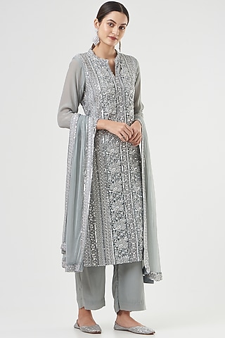 Grey Crochet Lace Kurta Set by House of erum