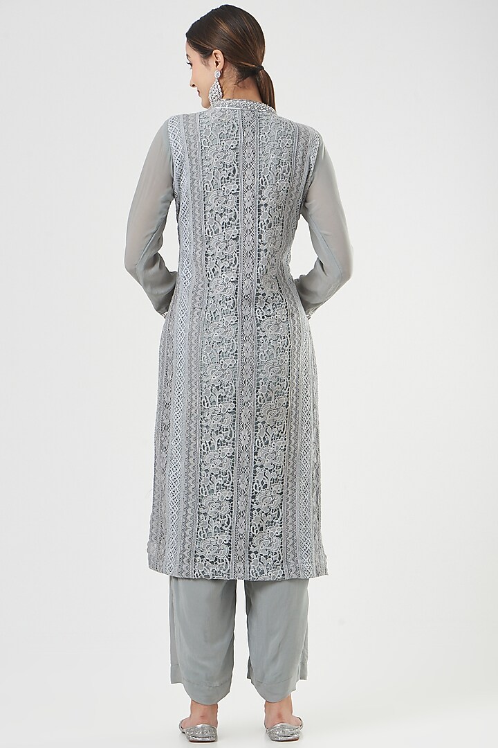 Grey Crochet Lace Kurta Set by House of erum at Pernia's Pop Up Shop