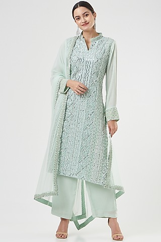 Turquoise Crochet Lace Kurta Set by House of erum