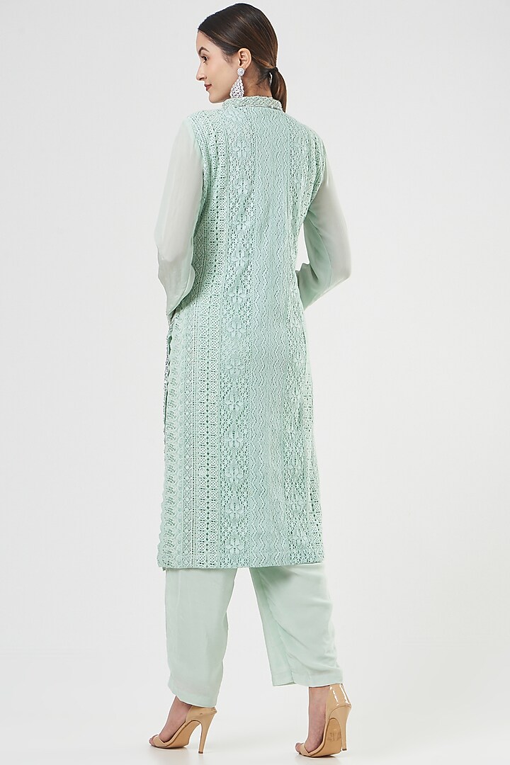 Turquoise Crochet Lace Kurta Set by House of erum at Pernia's Pop Up Shop