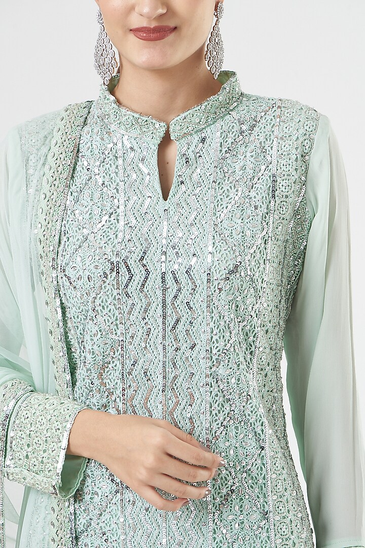 Turquoise Crochet Lace Kurta Set by House of erum at Pernia's Pop Up Shop