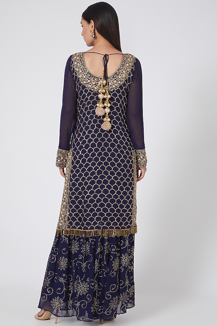 Navy Blue Crepe Party Wear Sharara Set by House of erum at Pernia's Pop Up Shop