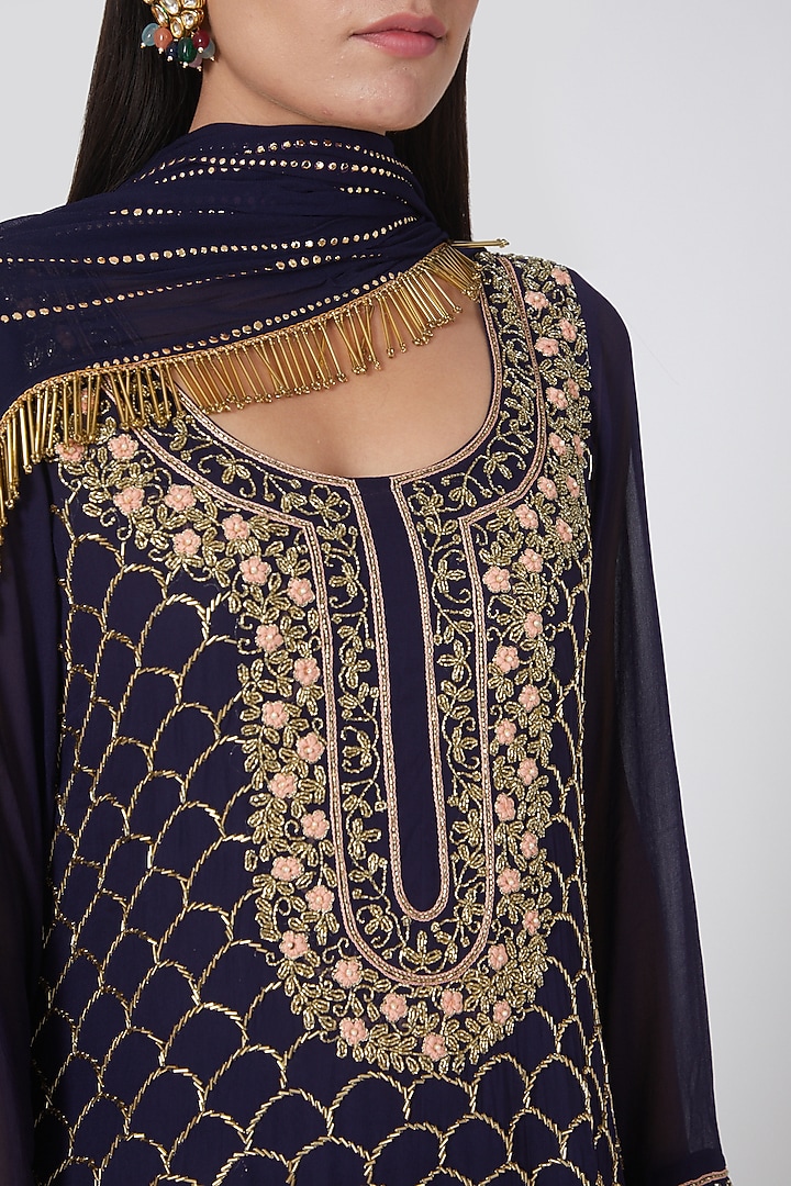 Navy Blue Crepe Party Wear Sharara Set by House of erum at Pernia's Pop Up Shop