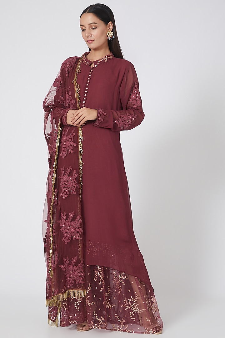 Maroon Sequins Embroidered Tunic Set by House of erum