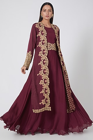 Maroon Semi Crepe Skirt Set by House of erum
