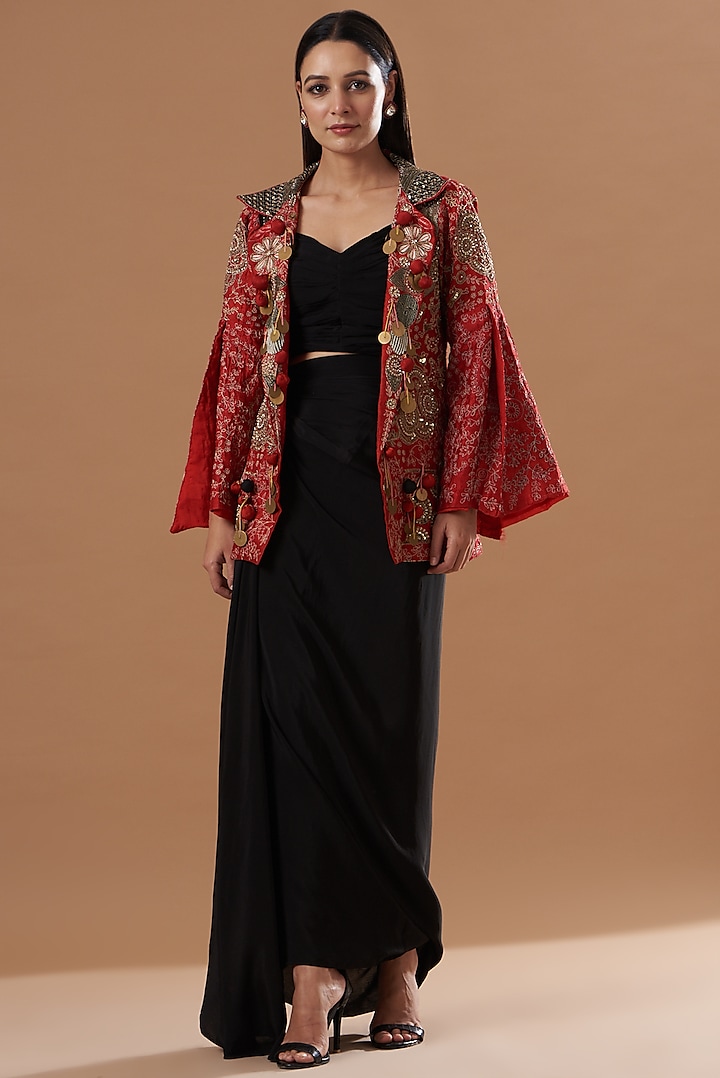 Red Embroidered Jacket Set by House of erum