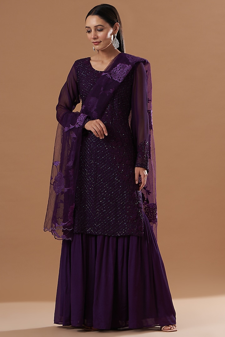 Purple Georgette Gharara Set by House of erum at Pernia's Pop Up Shop