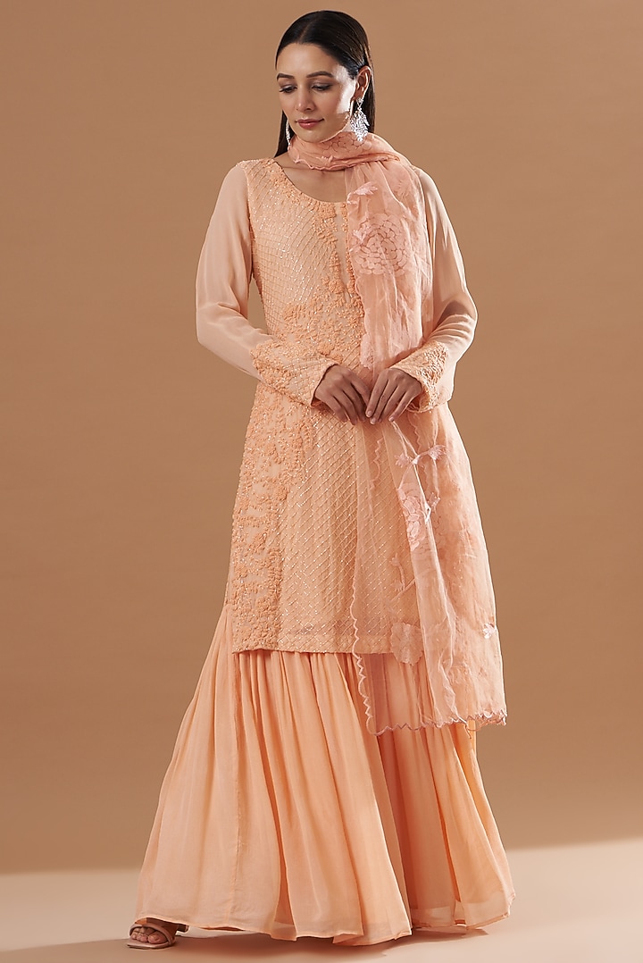 Peach Georgette Gharara Set by House of erum at Pernia's Pop Up Shop