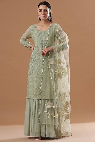 Sage Green Georgette Gharara Set by House of erum