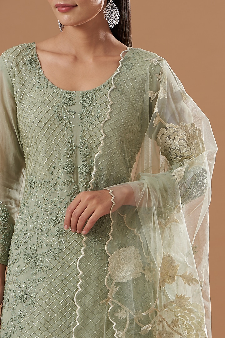 Sage Green Georgette Gharara Set by House of erum at Pernia's Pop Up Shop