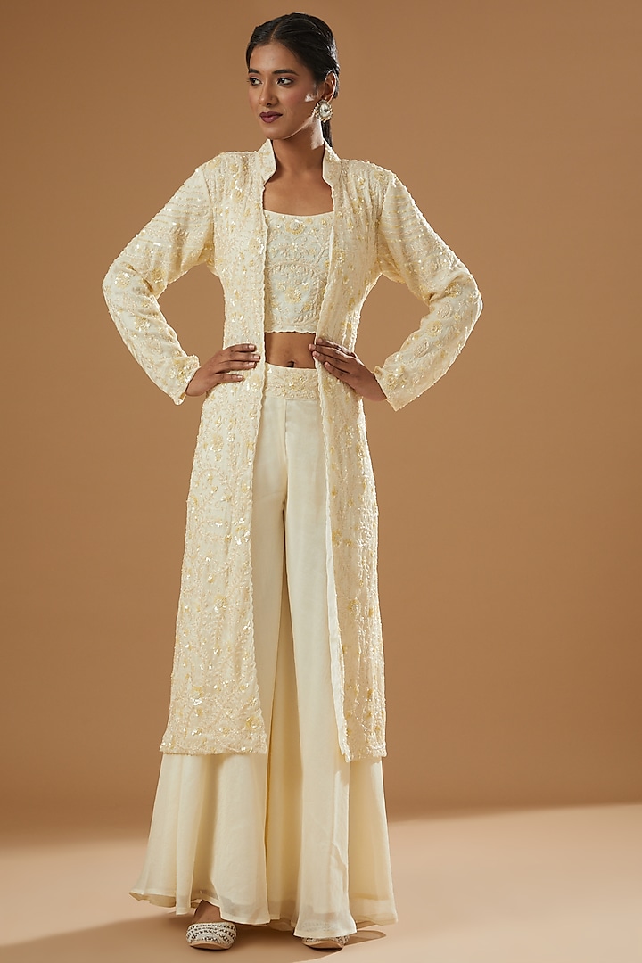 Beige Crepe Net Embroidered Jacket Set by House of erum