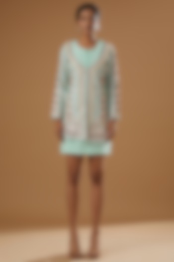 Sky Blue Raw Silk & Crepe Embroidered Jacket Dress by House of erum