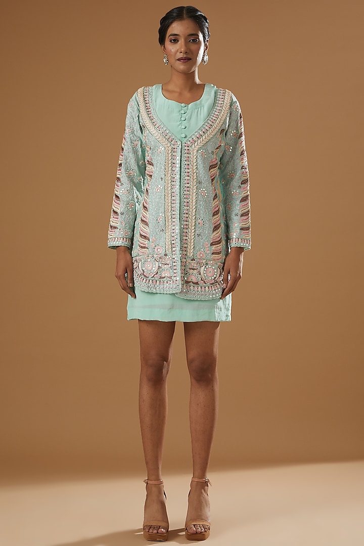 Sky Blue Raw Silk & Crepe Embroidered Jacket Dress by House of erum