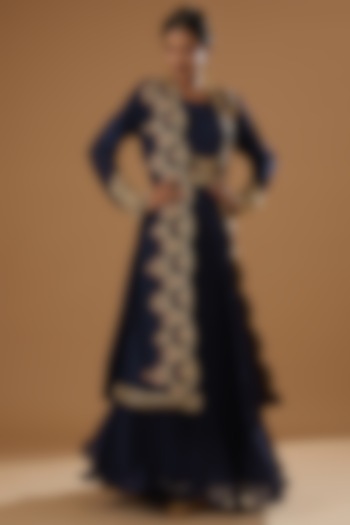 Blue Silk & Chiffon Embroidered Gown With Jacket by House of erum