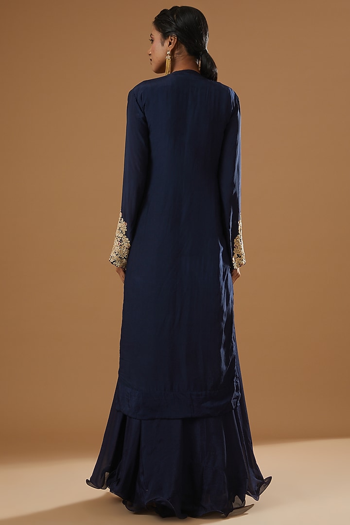 Blue Silk & Chiffon Embroidered Party Wear Gown With Jacket by House of erum at Pernia's Pop Up Shop