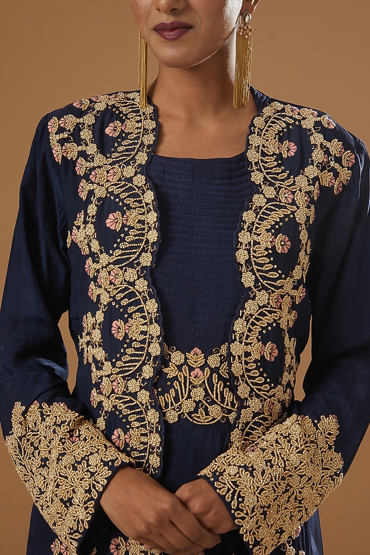 Blue Silk & Chiffon Embroidered Party Wear Gown With Jacket by House of erum at Pernia's Pop Up Shop