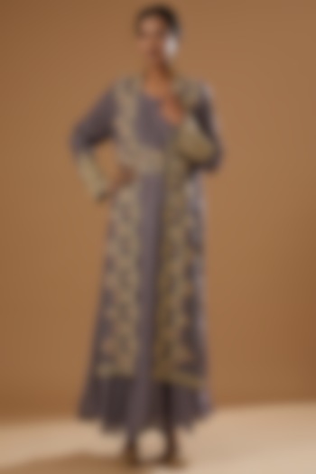 Grey Silk Embroidered Gown With Jacket by House of erum