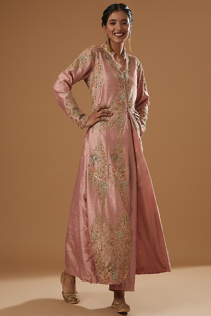 Blush Pink Raw Silk Embroidered Jacket Set by House of erum