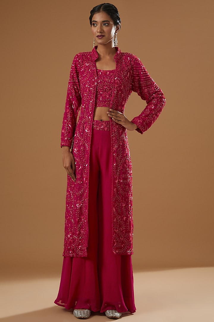 Red Georgette Embroidered Jacket Set by House of erum