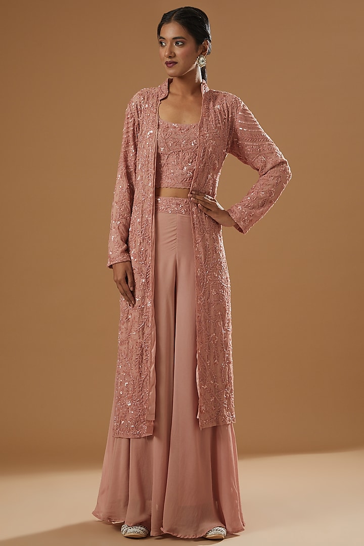 Blush Pink Georgette Embroidered Jacket Set by House of erum