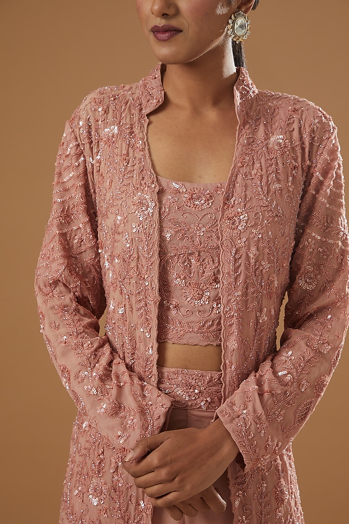 Blush Pink Georgette Embroidered Jacket Set by House of erum at Pernia's Pop Up Shop