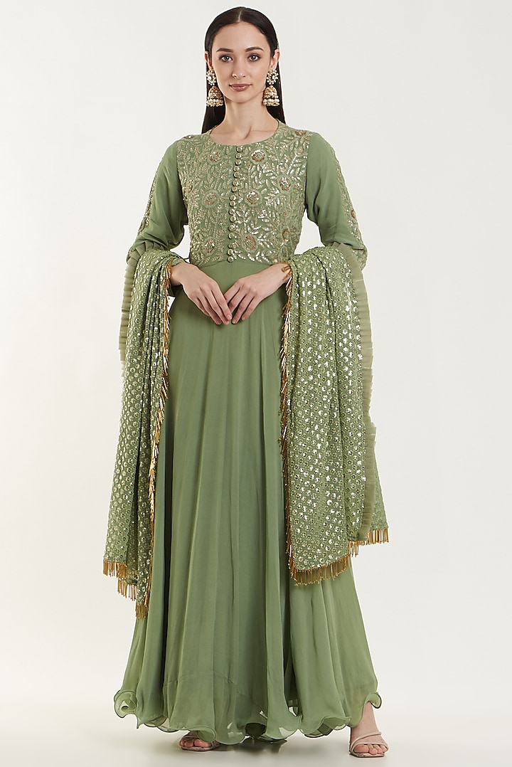 Green Georgette Embroidered Anarkali Set by House of erum at Pernia's Pop Up Shop