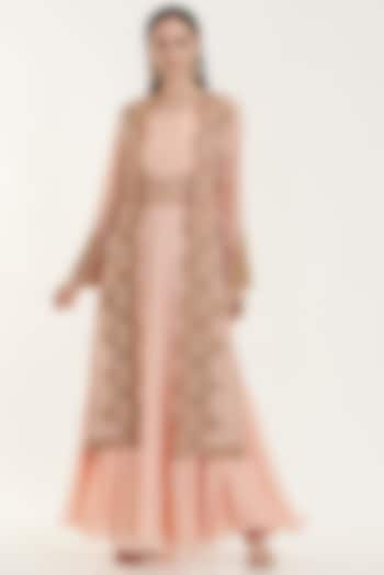Peach Silk & Chiffon Embroidered Gown With Jacket by House of erum