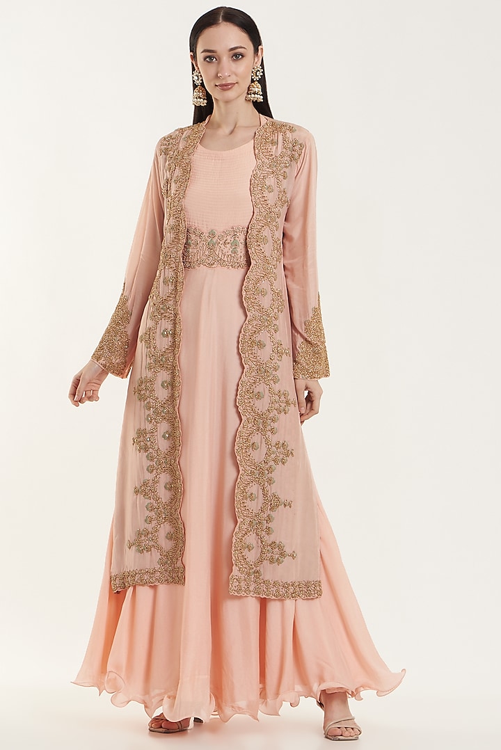 Peach Silk & Chiffon Embroidered Gown With Jacket by House of erum
