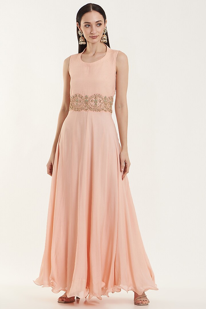 Peach Silk & Chiffon Embroidered Party Wear Gown With Jacket by House of erum at Pernia's Pop Up Shop