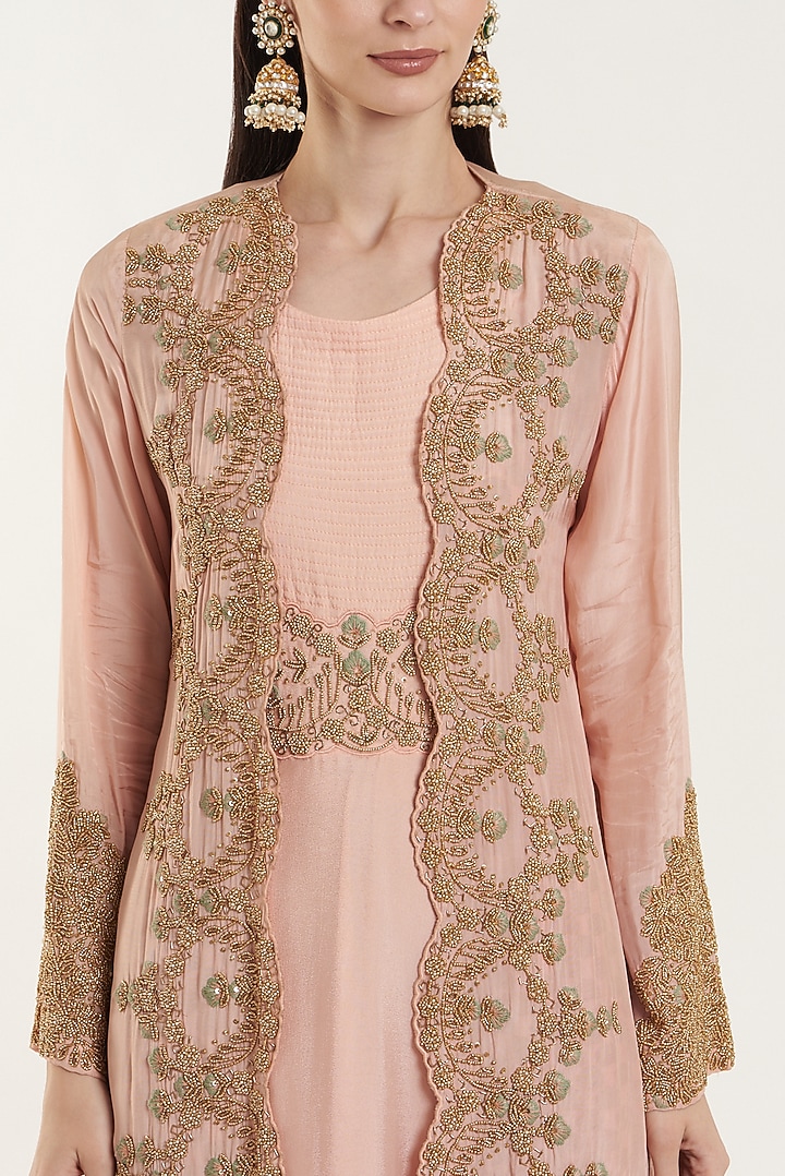 Peach Silk & Chiffon Embroidered Party Wear Gown With Jacket by House of erum at Pernia's Pop Up Shop