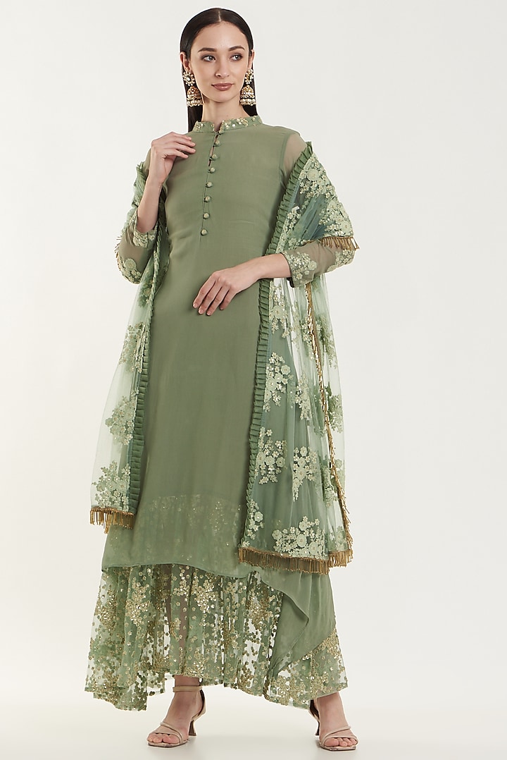 Green Georgette & Net Tunic With Dupatta by House of erum