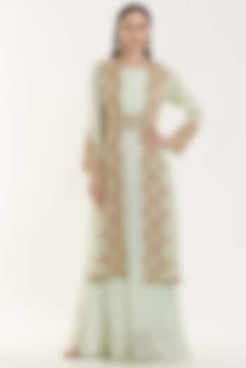 White Silk & Chiffon Embroidered Gown With Jacket by House of erum