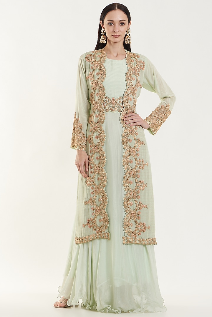 White Silk & Chiffon Embroidered Gown With Jacket by House of erum