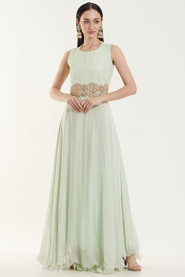 White Silk & Chiffon Embroidered Party Wear Gown With Jacket by House of erum at Pernia's Pop Up Shop