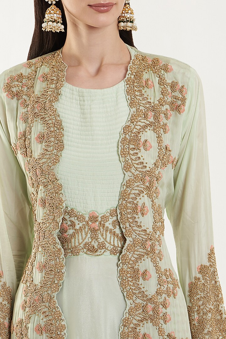 White Silk & Chiffon Embroidered Party Wear Gown With Jacket by House of erum at Pernia's Pop Up Shop