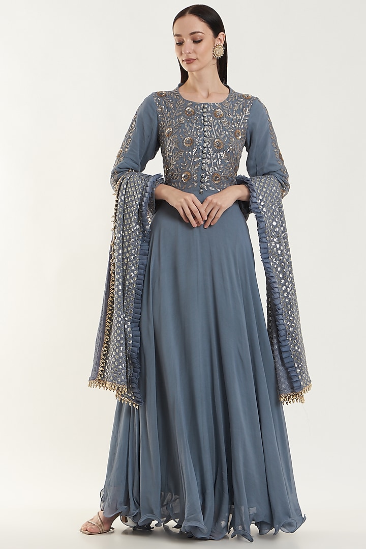 Blue Georgette Embroidered Gown With Dupatta by House of erum at Pernia's Pop Up Shop