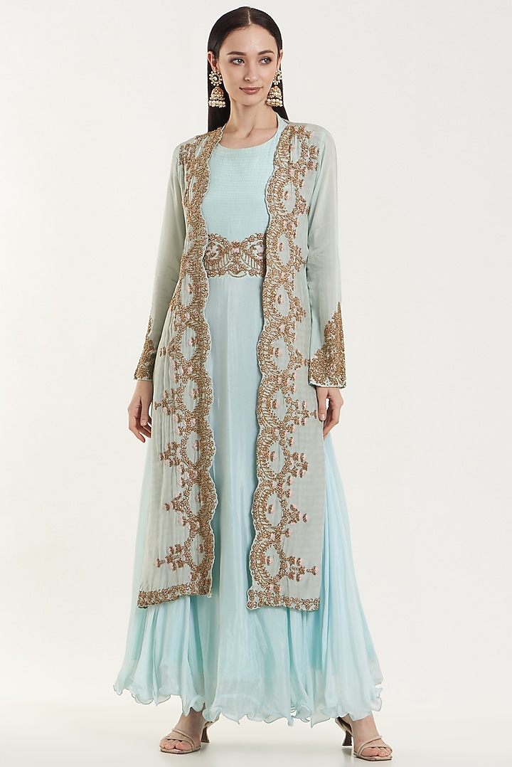 Blue Silk & Chiffon Gown With Jacket by House of erum