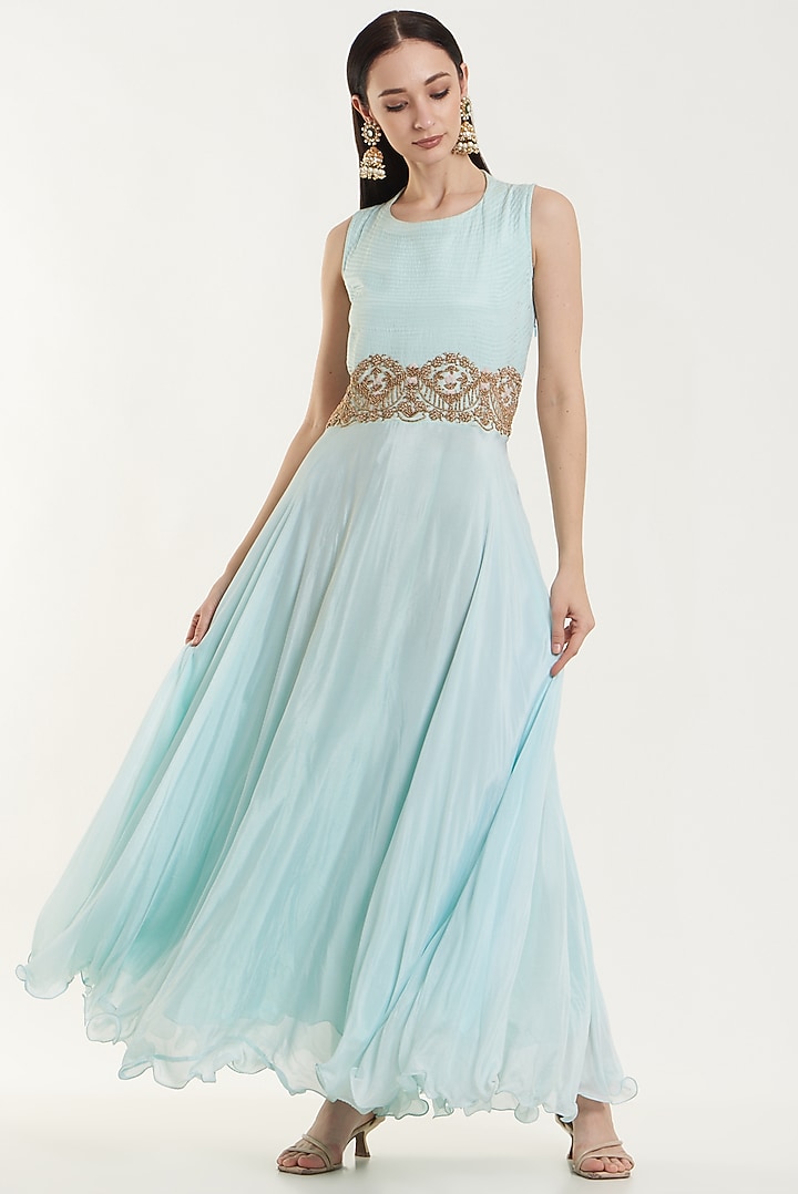 Blue Silk & Chiffon Party Wear Gown With Jacket by House of erum at Pernia's Pop Up Shop
