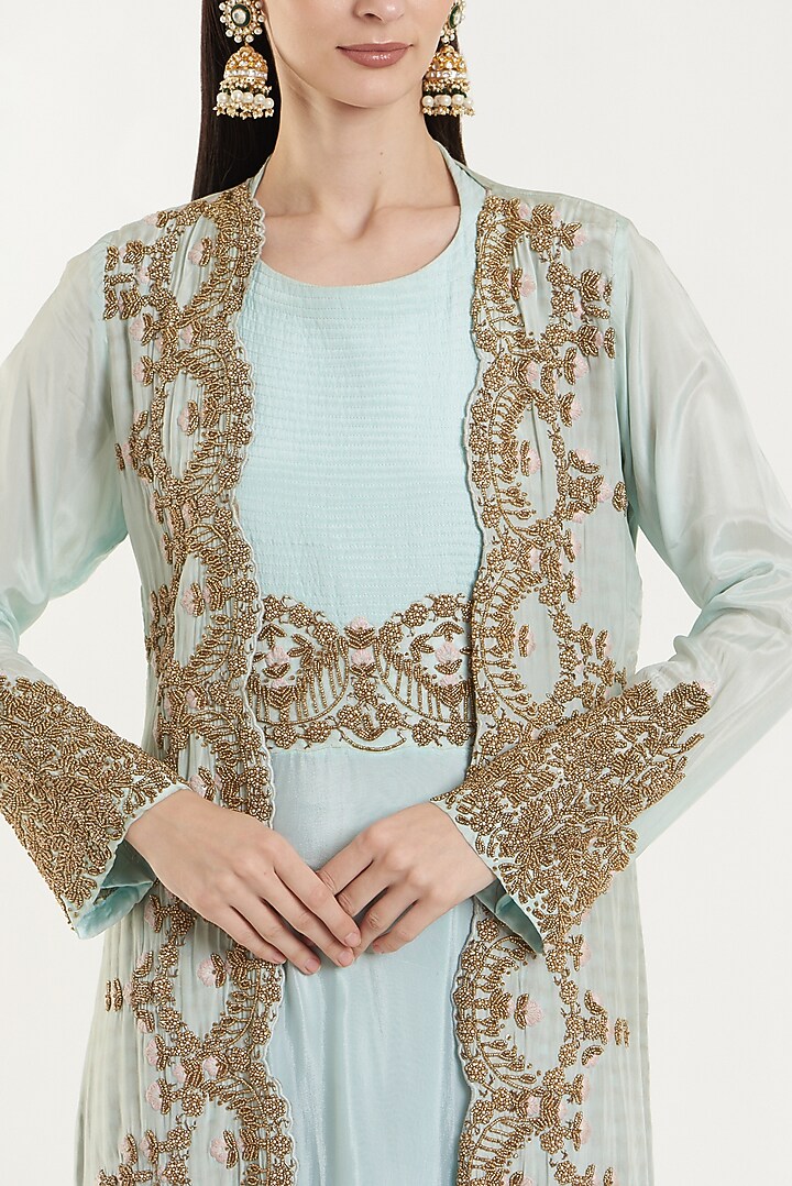 Blue Silk & Chiffon Party Wear Gown With Jacket by House of erum at Pernia's Pop Up Shop