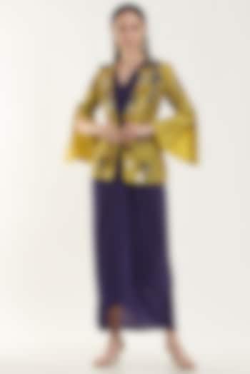 Yellow Raw Silk & Crepe Embroidered Blazer Set by House of erum