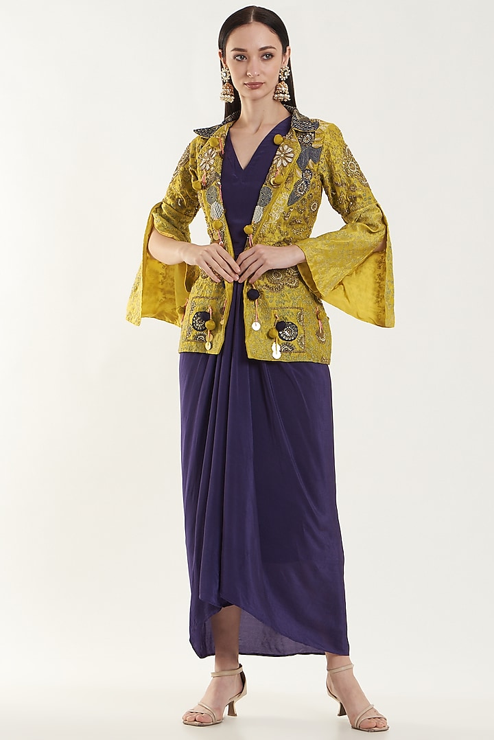 Yellow Raw Silk & Crepe Embroidered Blazer Set by House of erum