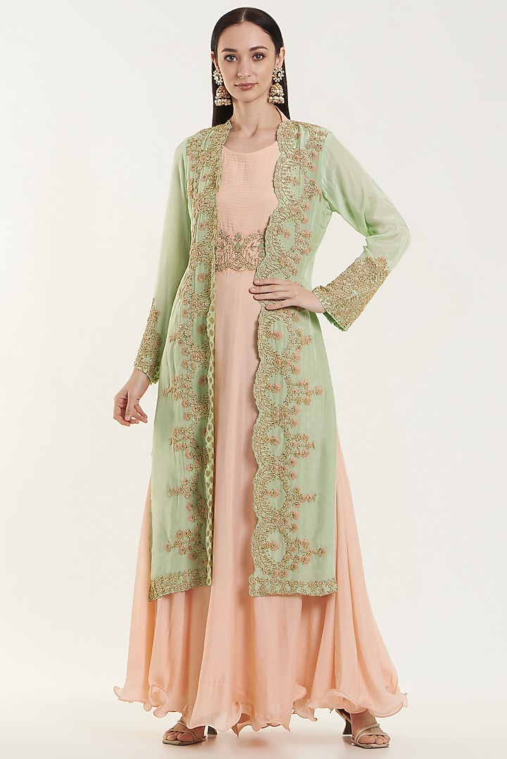 Peach Silk & Chiffon Gown With Jacket by House of erum